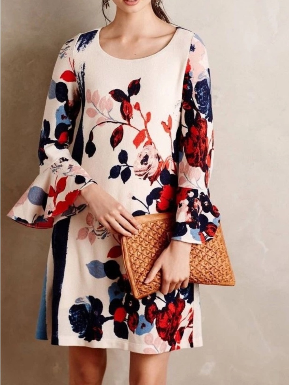 Maeve by Anthropologie,Cream Mini Dress with Red & Navy  Floral Motif Women's XS